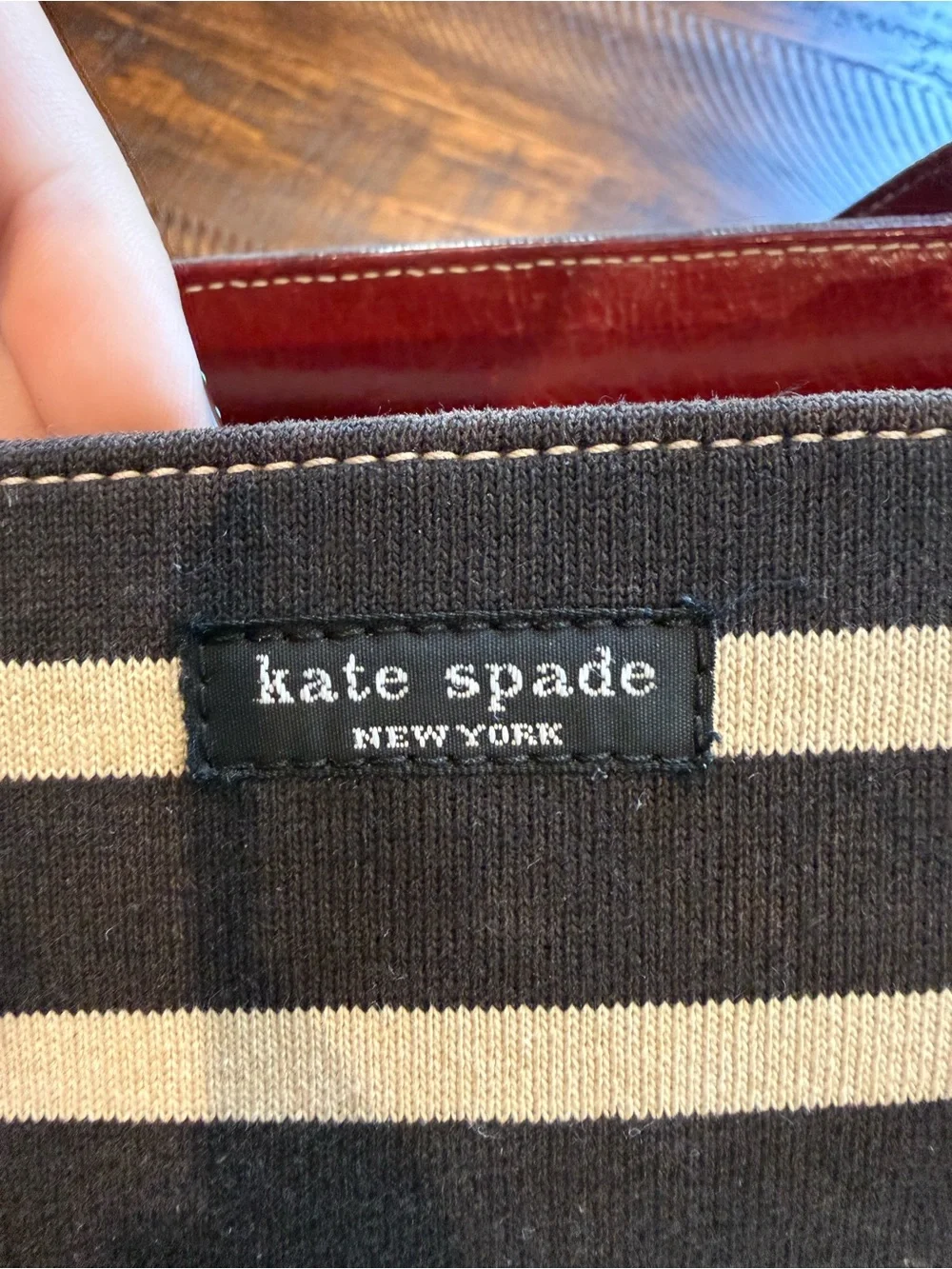 Vintage 90s Kate Spade Canvas Striped Tote Shoulder Bag Red Leather Trim